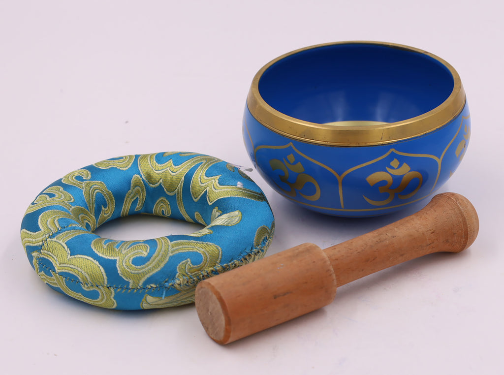 Tibetan OM Singing Bowl Set ~ With Mallet, Brocade Cushion & Carry Bag ~ For Meditation, Chakra Healing, Prayer, Yoga (OM, Turquoise) - DharmaObjects