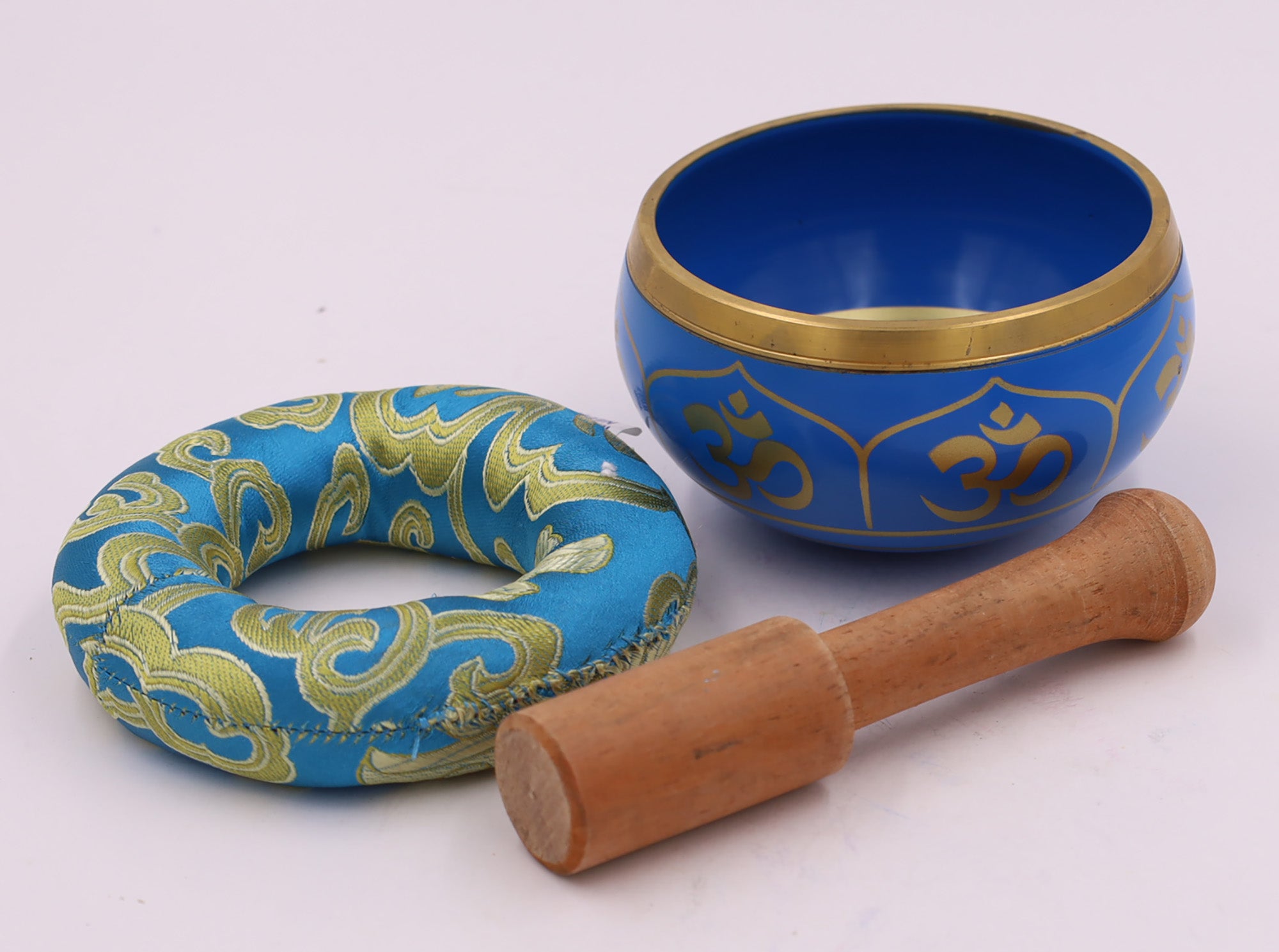 Tibetan OM Singing Bowl Set ~ With Mallet, Brocade Cushion & Carry Bag ~ For Meditation, Chakra Healing, Prayer, Yoga (OM, Turquoise) - DharmaObjects