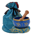 Tibetan OM Singing Bowl Set ~ With Mallet, Brocade Cushion & Carry Bag ~ For Meditation, Chakra Healing, Prayer, Yoga (OM, Turquoise) - DharmaObjects