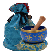 Tibetan OM Singing Bowl Set ~ With Mallet, Brocade Cushion & Carry Bag ~ For Meditation, Chakra Healing, Prayer, Yoga (OM, Turquoise)