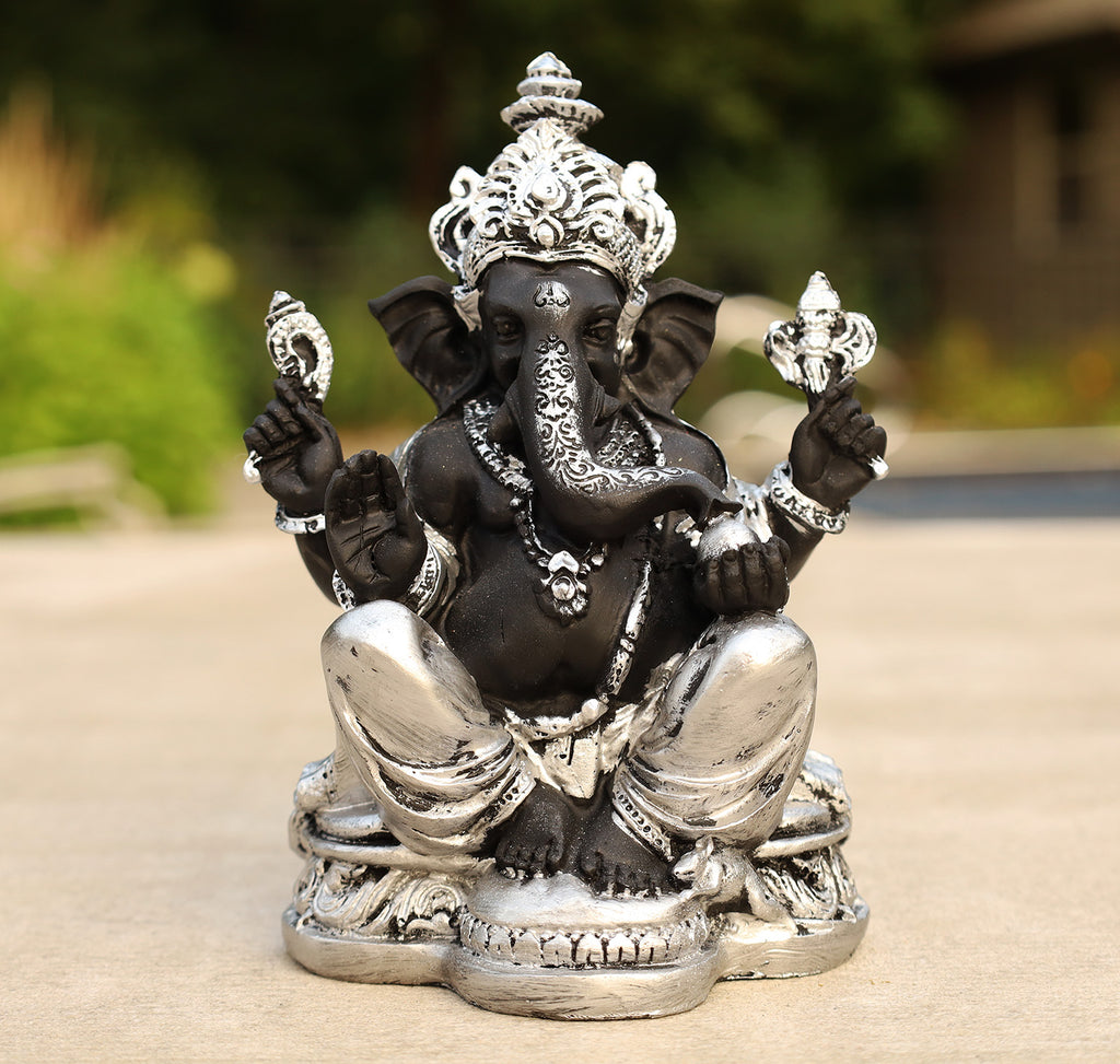 Ganesh Ganesha Statue Hindu Elephant God of Success Cold Cast Resin Silver Finish