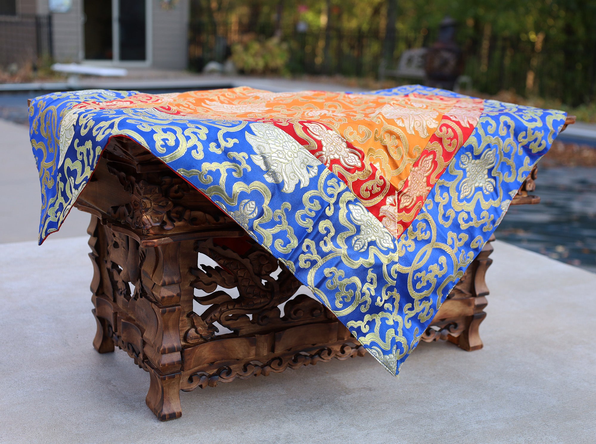Tibetan Buddhist Lotus Silk Brocade Table Runner/Shrine Cover/Altar Cloth/Table Cover - DharmaObjects