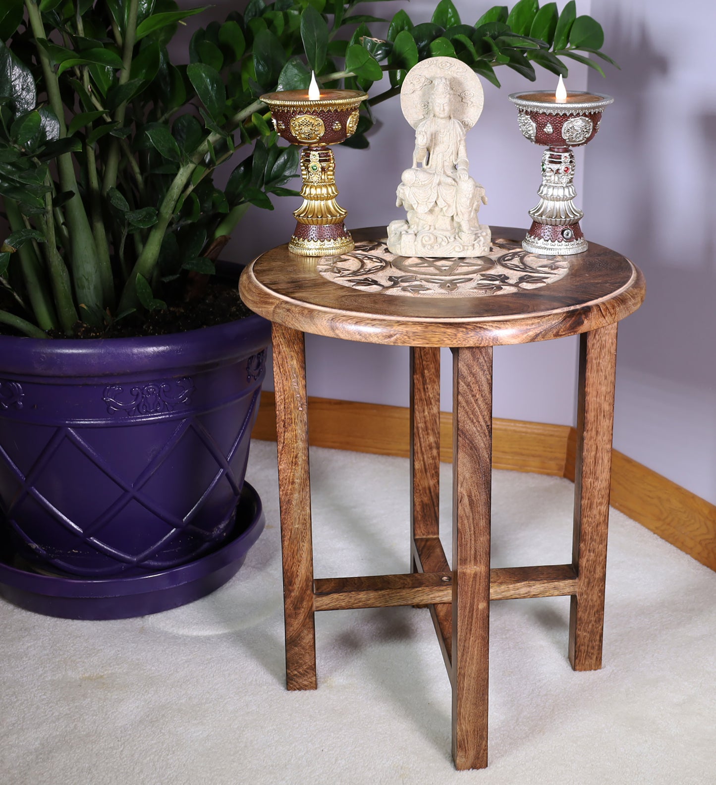 Hand Carved Wooden Round Meditation Table. Altar Table. Prayer Table. Puja. Shrine Table . Side or End Table 19 Inches High