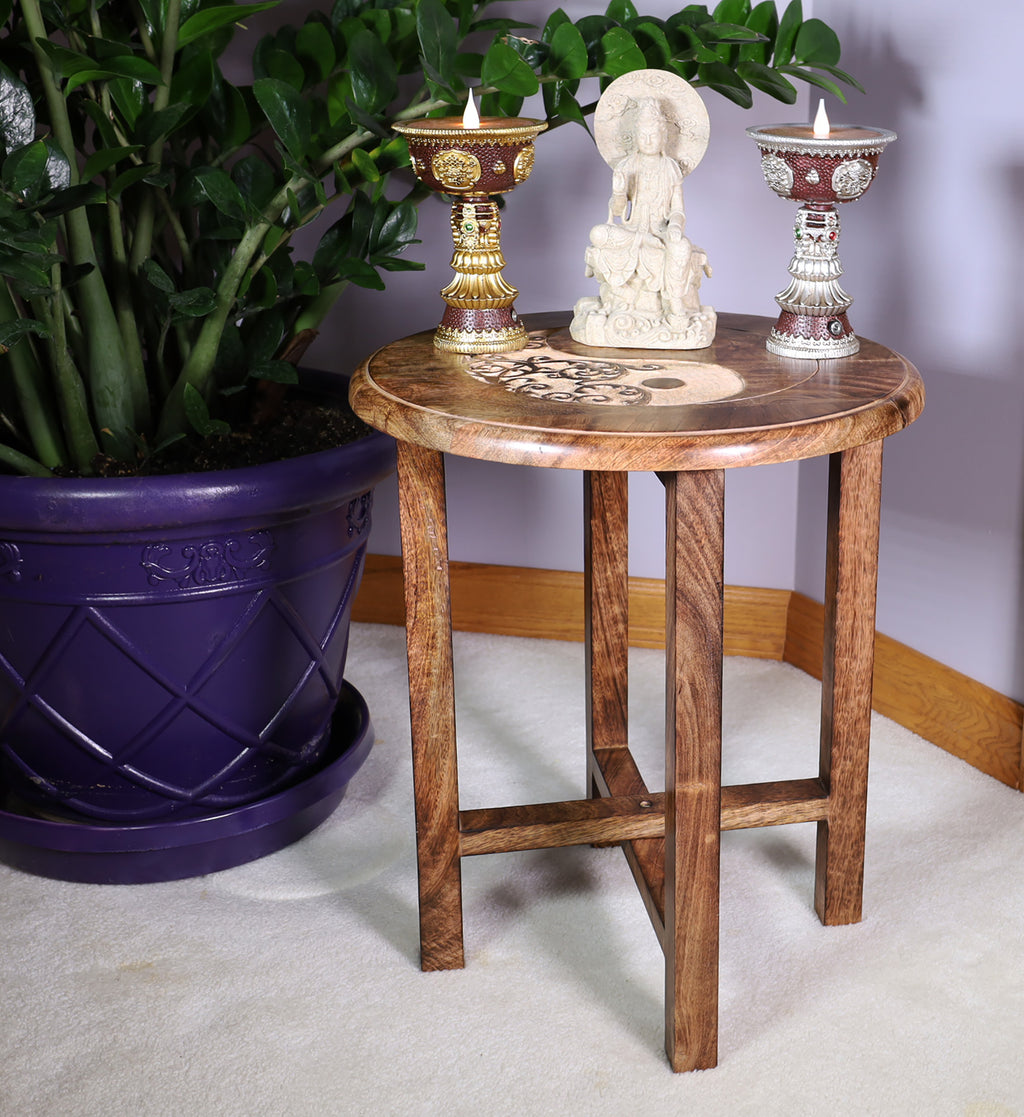 Hand Carved Wooden Round Meditation Table. Altar Table. Prayer Table. Puja. Shrine Table . Side or End Table 19 Inches High - DharmaObjects