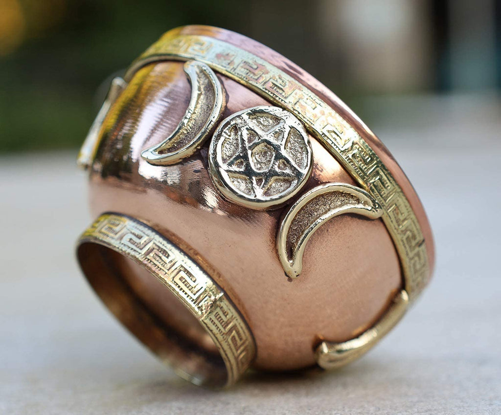 DharrmaObjects Copper Offering Bowl Incense Burner Holder (3 Inches, Triple Moon Pentacle)