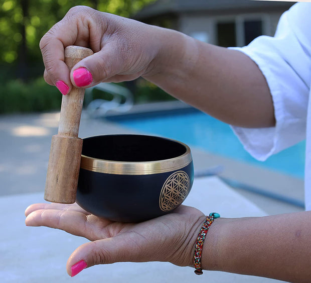 Tibetan Flower Of Life Singing Bowl Mallet Cushion Set ~ For Meditation, Yoga, Spiritual Healing and Mindfulness ~ Medium