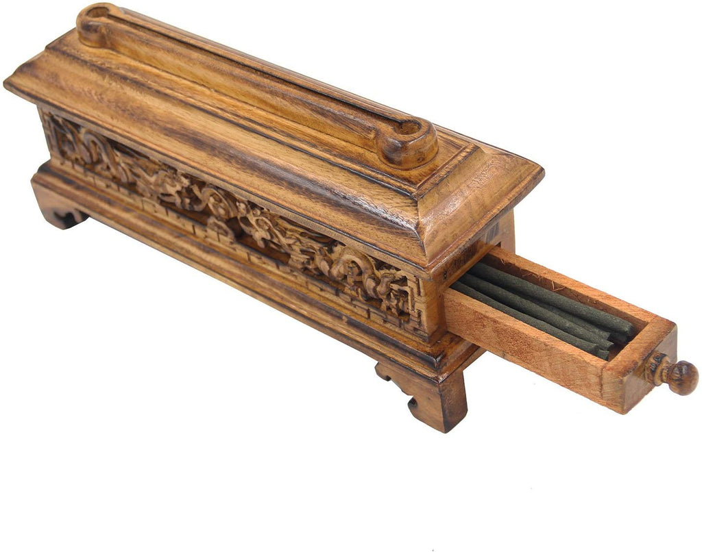 Hand Crafted Tibetan Buddhist Temple Solid Wooden Premium Incense Burner with Storage (Large) - DharmaObjects