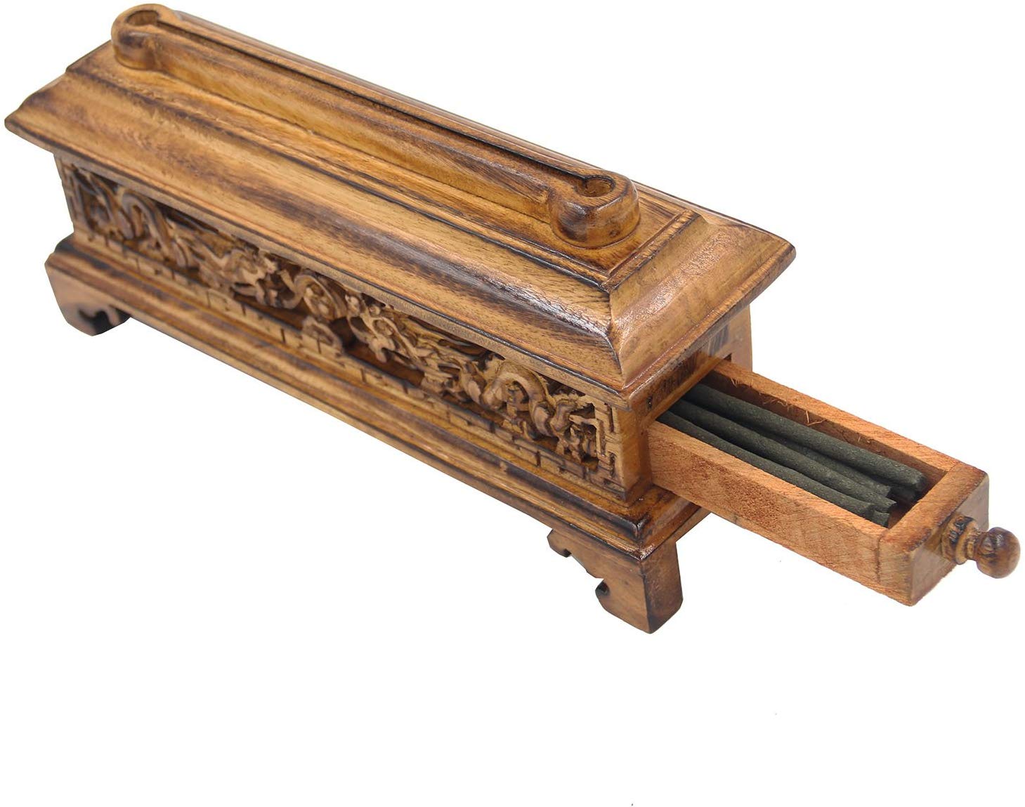 Hand Crafted Tibetan Buddhist Temple Solid Wooden Premium Incense Burner with Storage (Large) - DharmaObjects