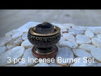 Decorated Brass Charcoal Screen Incense Burner with Wooden Coaster 3 Pcs Set 2” Tall