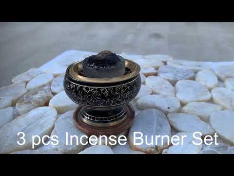 Decorated Brass Charcoal Screen Incense Burner with Wooden Coaster 3 Pcs Set 2” Tall