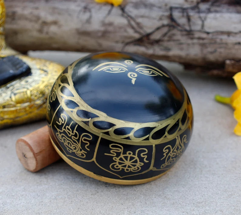 Tibetan 8 Lucky Symbols Singing Bowl Complete Set ~ With Mallet & Cushion ~ For Meditation, Chakra Healing, Prayer, Yoga