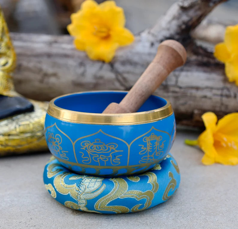 Tibetan 8 Lucky Symbols Singing Bowl Complete Set ~ With Mallet & Cushion ~ For Meditation, Chakra Healing, Prayer, Yoga