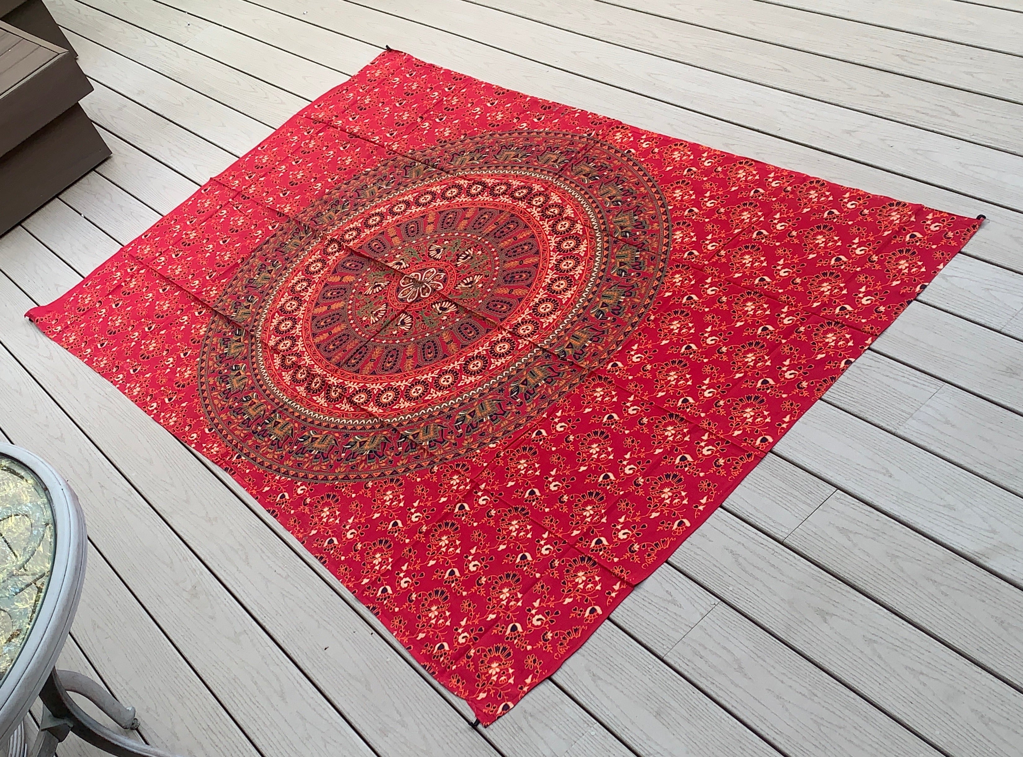 Elephants Mandala Tapestry Wall Decor Hanging 80”X50” Red - DharmaObjects