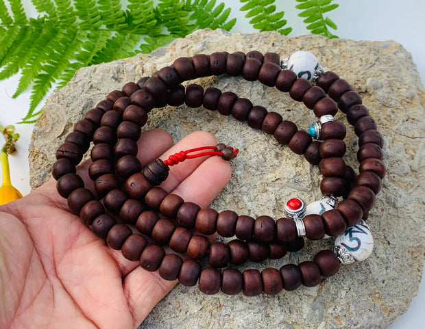 Tibetan Buddhist Old Bodhi Seed Mala / Silver Spacers / Old Conch Shell Accent / 2 Silver Markers