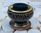Decorated Brass Charcoal Screen Incense Burner with Wooden Coaster 3 Pcs Set 2” Tall - DharmaObjects