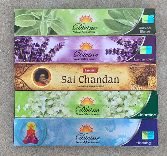 Gift Set of 5 Sai Chandan, Jasmine, Healing, Lavender and White Sage Incense Kit (incense Holder Included)