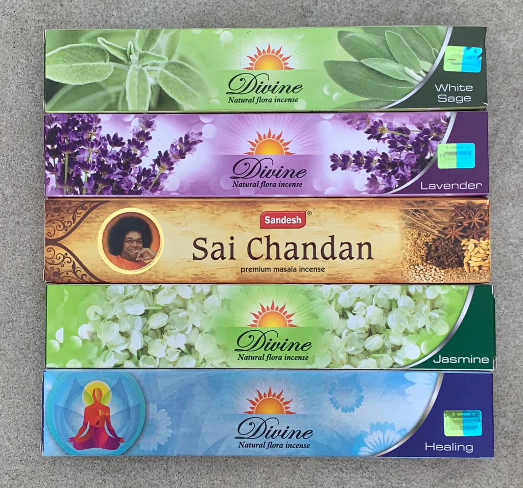 Gift Set of 5 Sai Chandan, Jasmine, Healing, Lavender and White Sage Incense Kit (incense Holder Included) - DharmaObjects