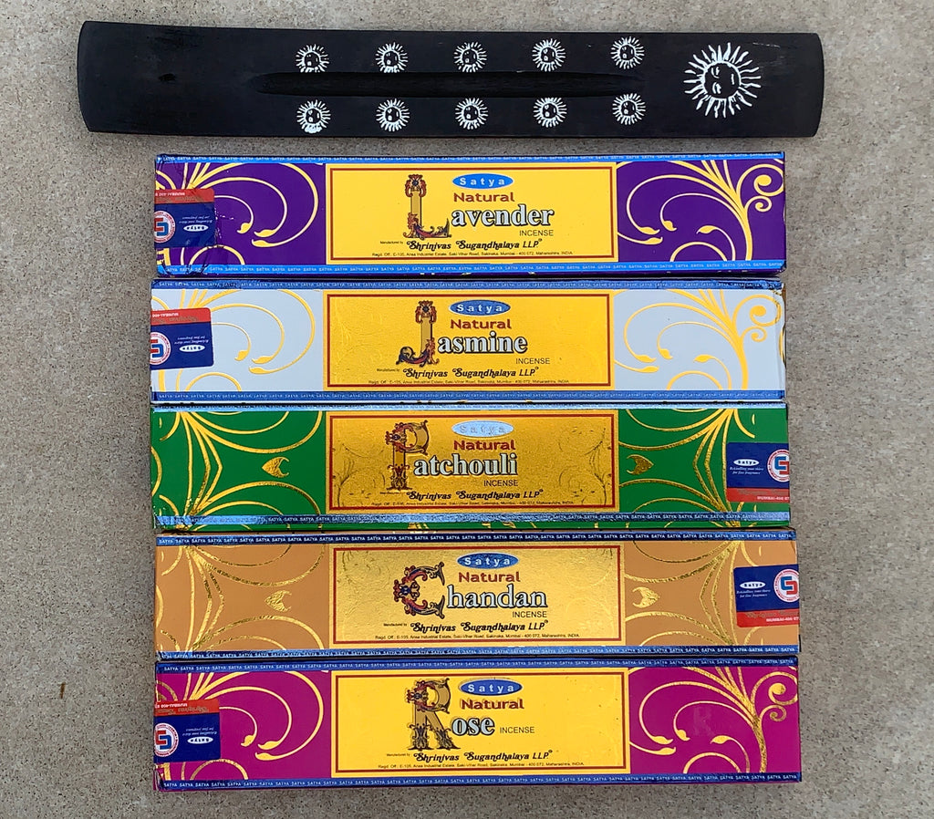 Satya Natural - Set of 5 With Burner - Lavender, Jasmine, Chanda, Rose and Patchouli 15 Grams - DharmaObjects