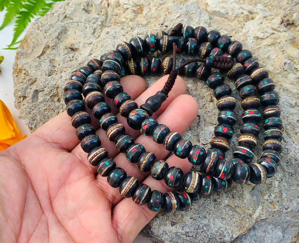 Natural Yak Bone With Coral Inlay 108 Beads Prayer Mala - DharmaObjects