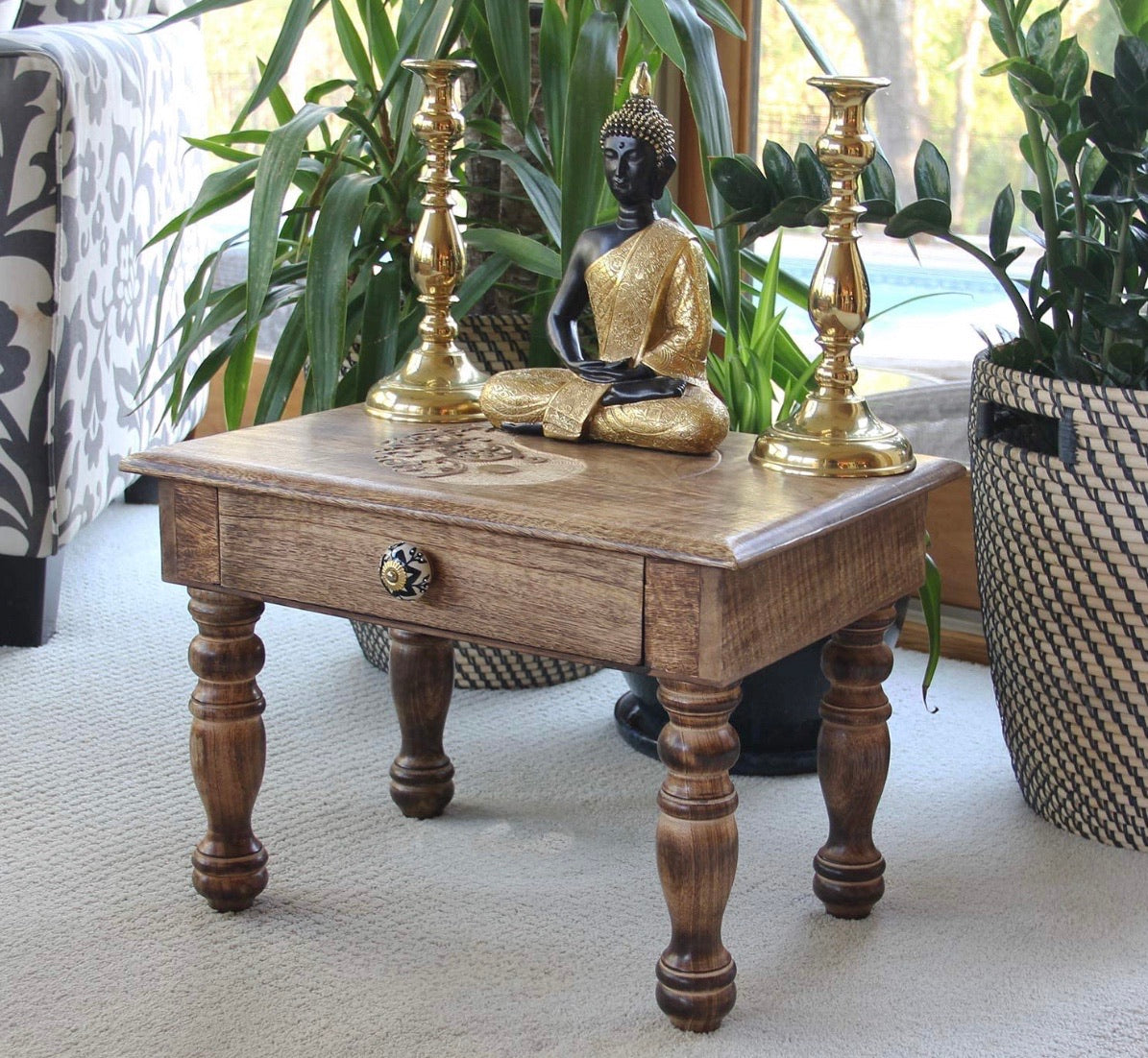 Large Solid Mango Wood Hand Carved Prayer Puja Shrine Altar Meditation Table - DharmaObjects