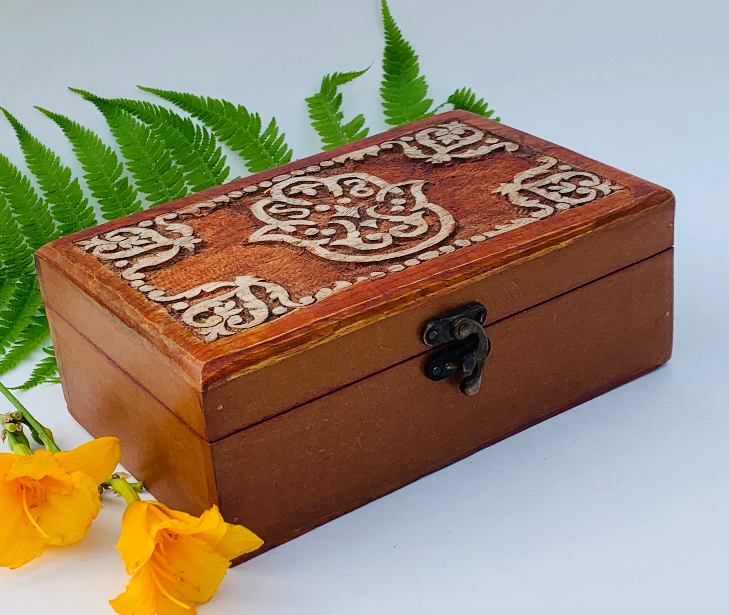 Fatima Hand Carved Jewelry Trinket Keepsake Wooden Storage Box - DharmaObjects