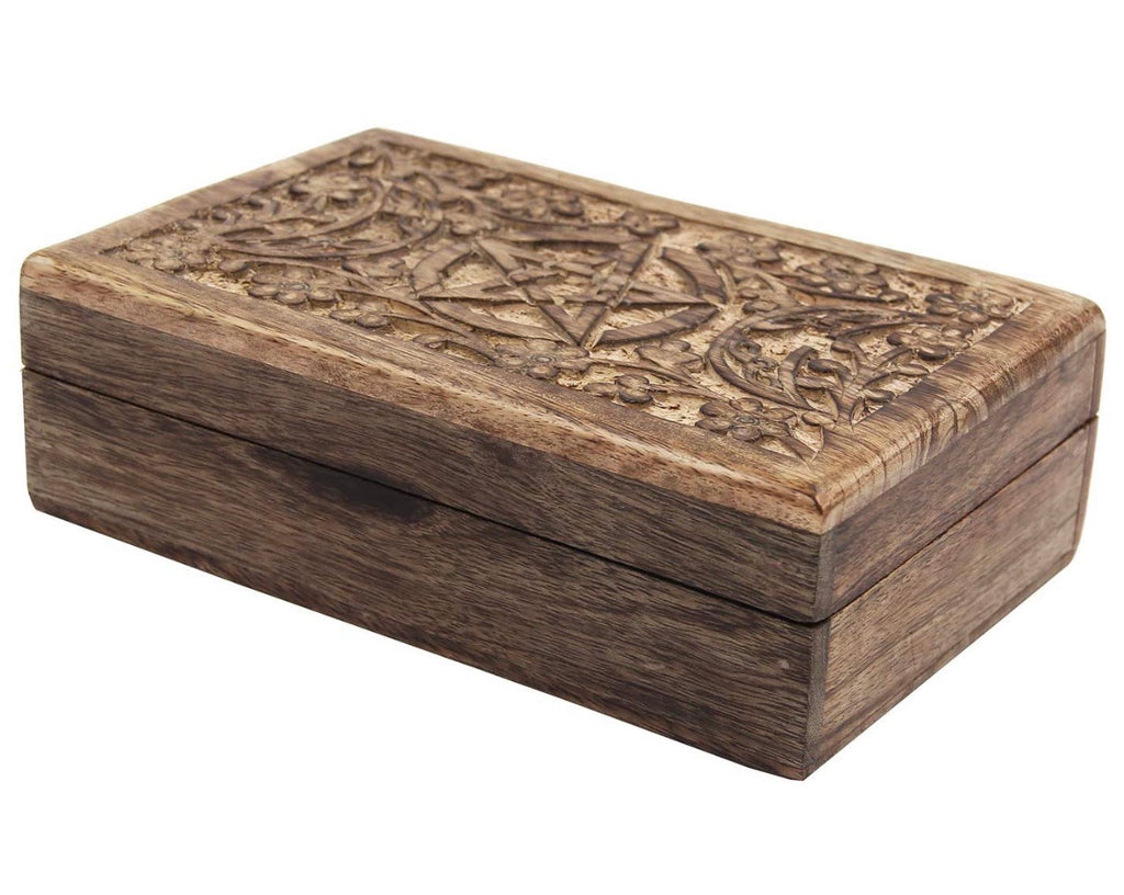 Hand Carved Jewelry Trinket Keepsake Wooden Storage Box Triple Moon - DharmaObjects