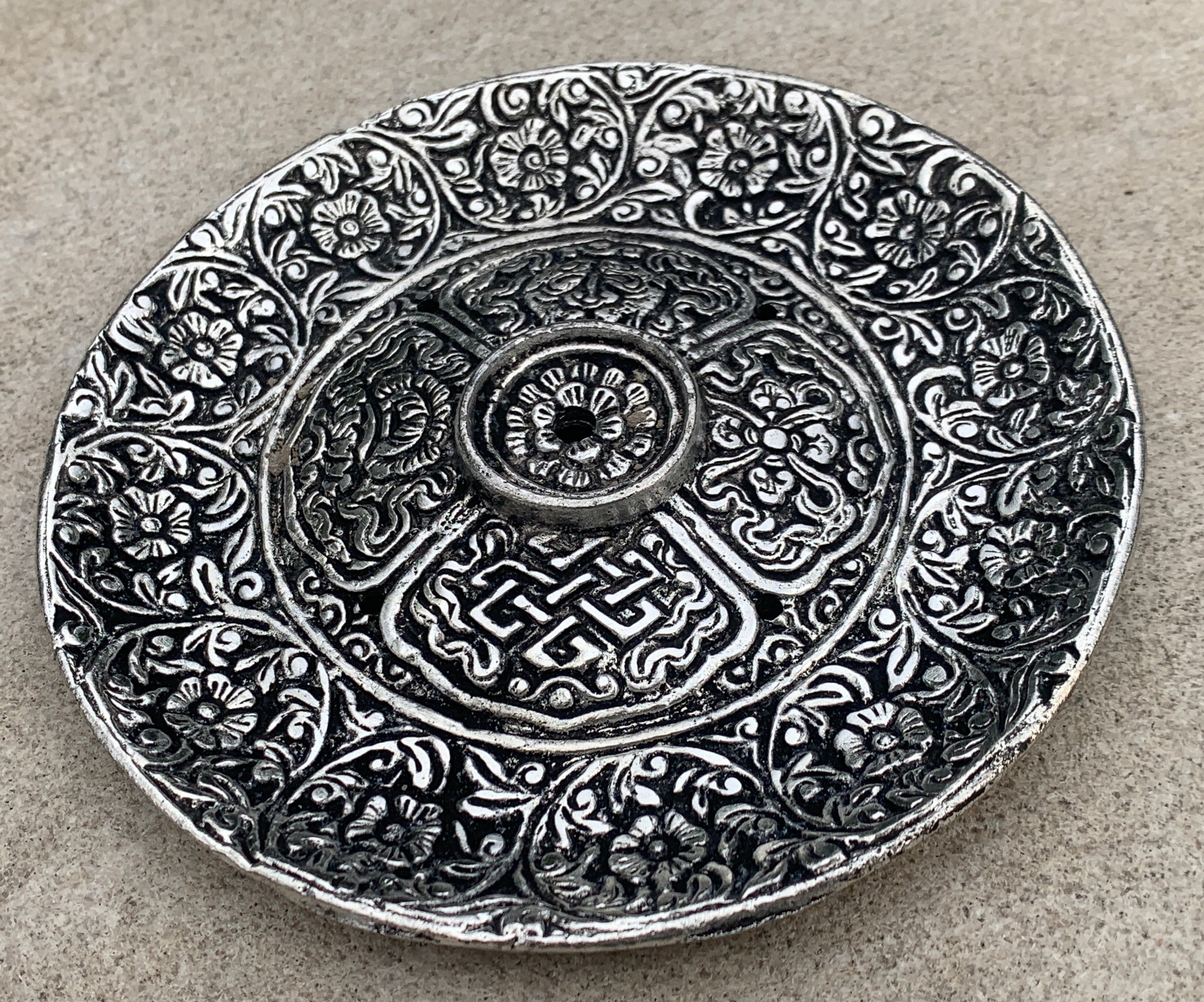 Premium Tibetan Plate Incense Burner Holder Made from Recycled Aluminum 3 in 1. - DharmaObjects