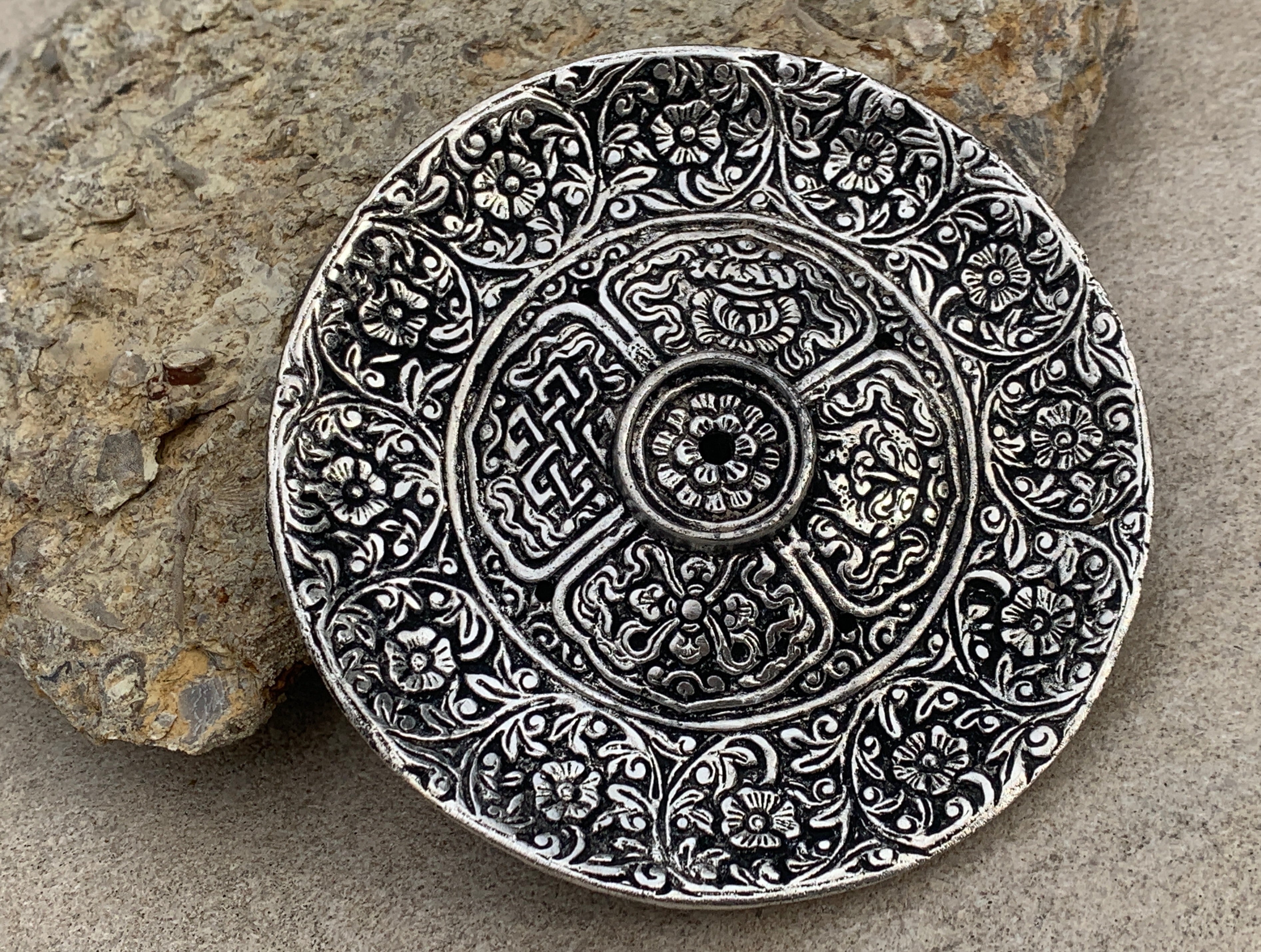 Premium Tibetan Plate Incense Burner Holder Made from Recycled Aluminum 3 in 1. - DharmaObjects