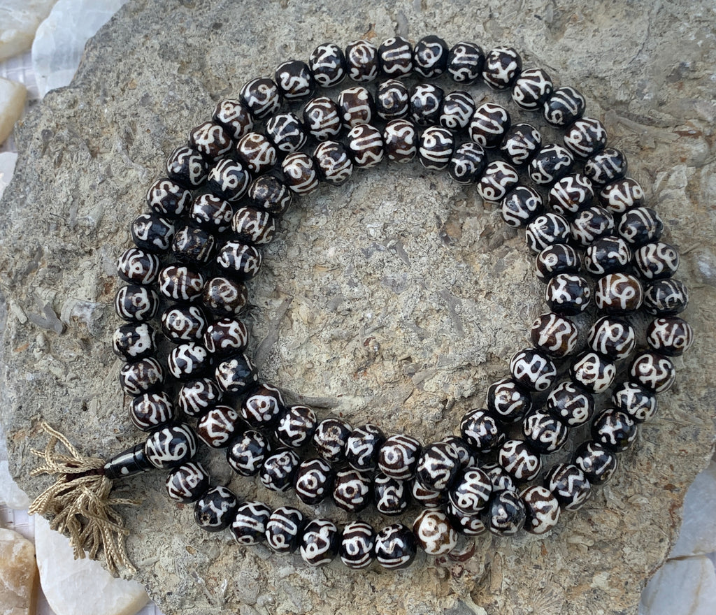Natural Buffalo Bone Tibetan Om Mani Padme Hum 108 Beads Prayer Mala - DharmaObjects