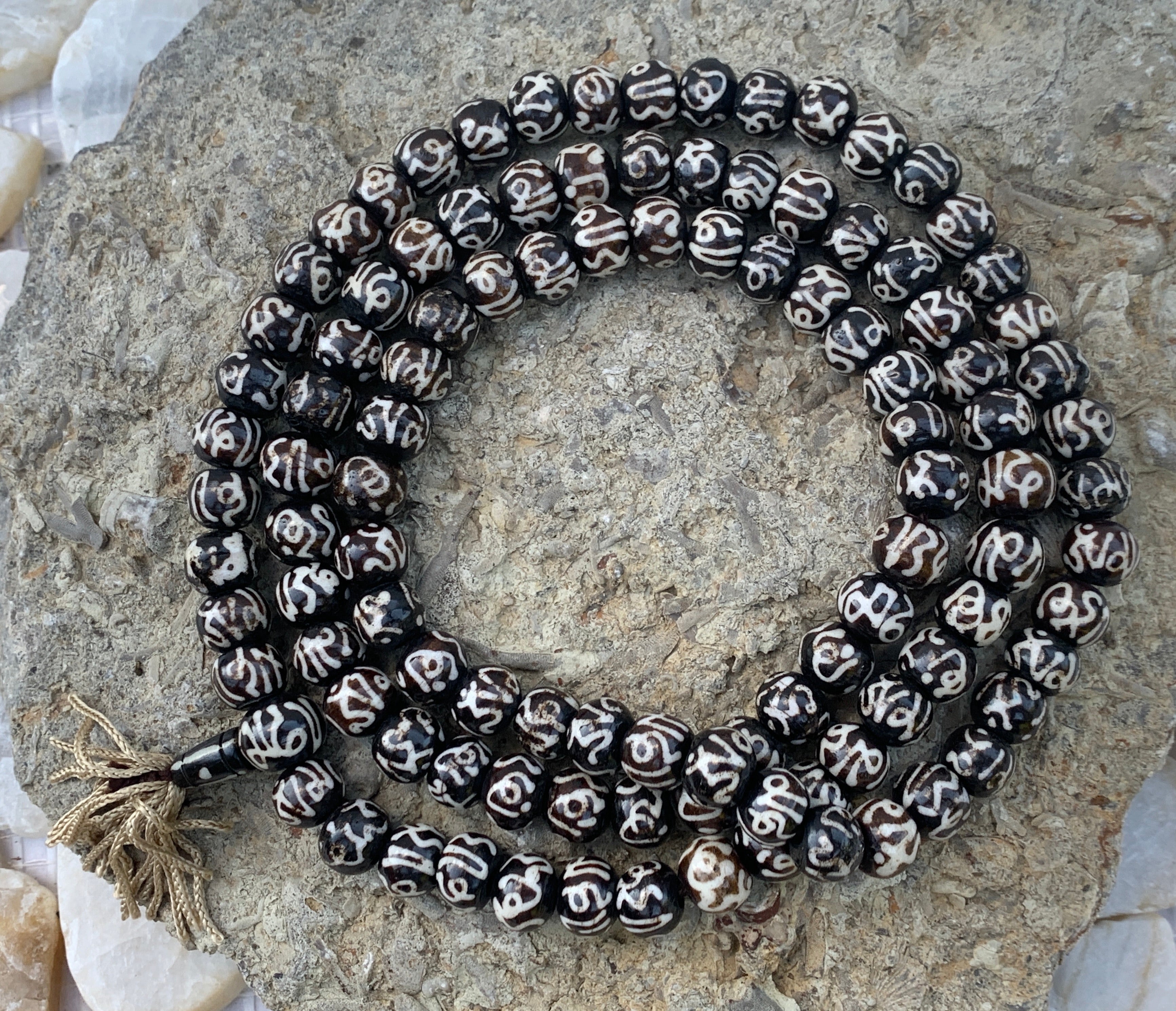 Natural Buffalo Bone Tibetan Om Mani Padme Hum 108 Beads Prayer Mala - DharmaObjects