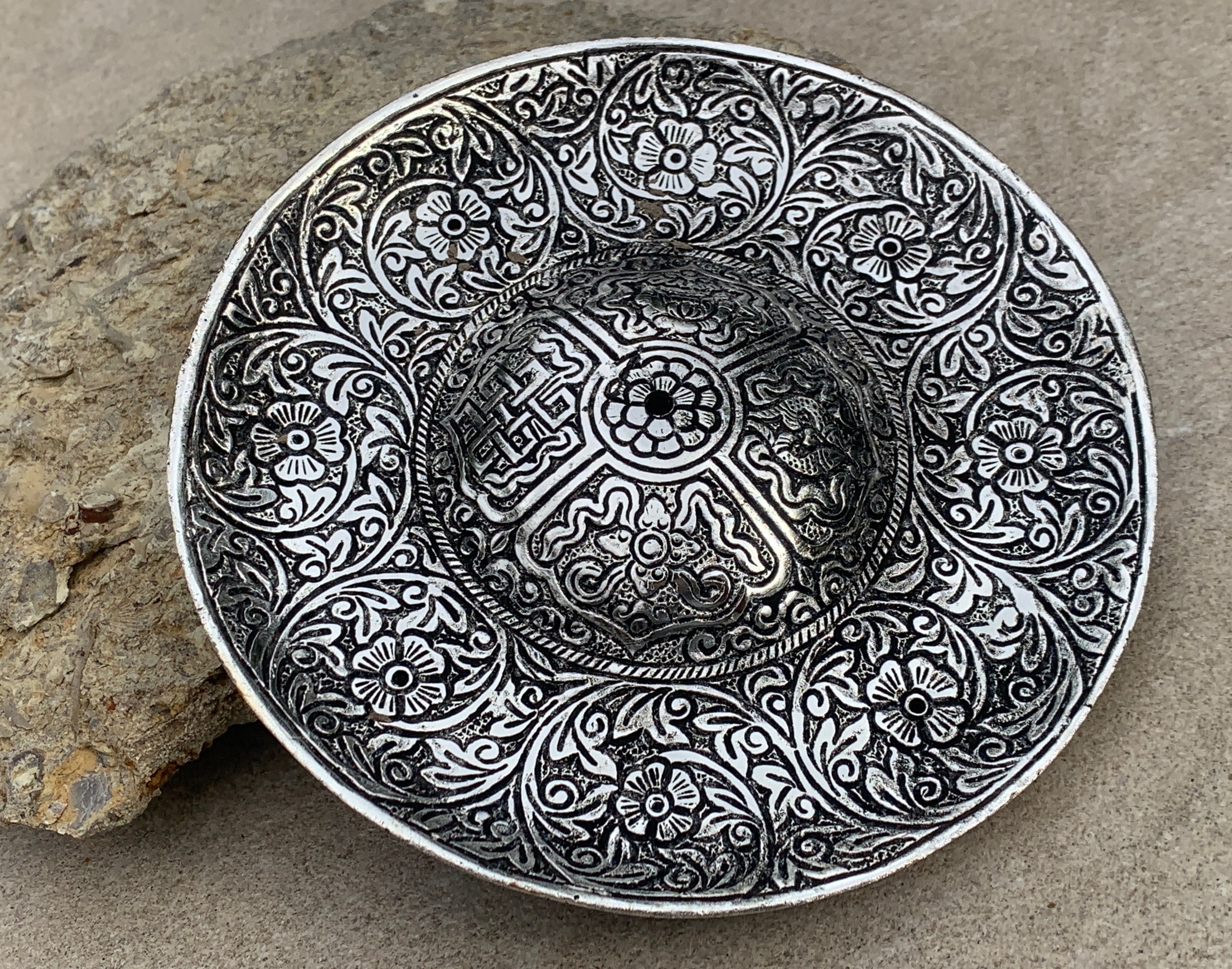 Premium Tibetan Plate Incense Burner Holder Made from Recycled Aluminum 3 in 1. - DharmaObjects