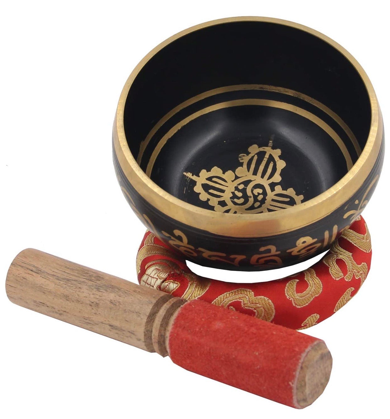Tibetan OM MANI Singing Bowl Set ~ With Mallet, Brocade Cushion & Carry Bag - DharmaObjects