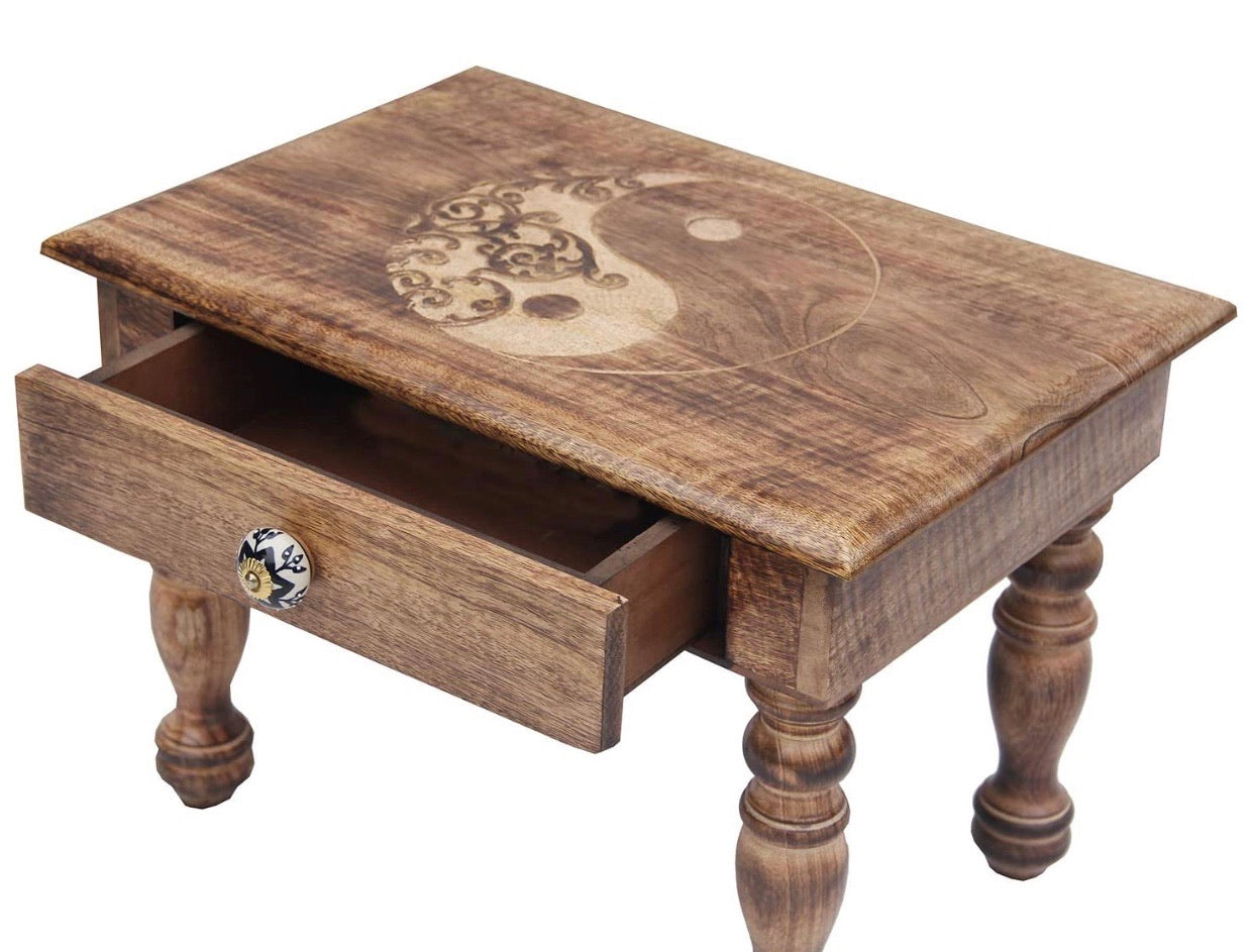 Large Solid Mango Wood Hand Carved Prayer Puja Shrine Altar Meditation Table - DharmaObjects