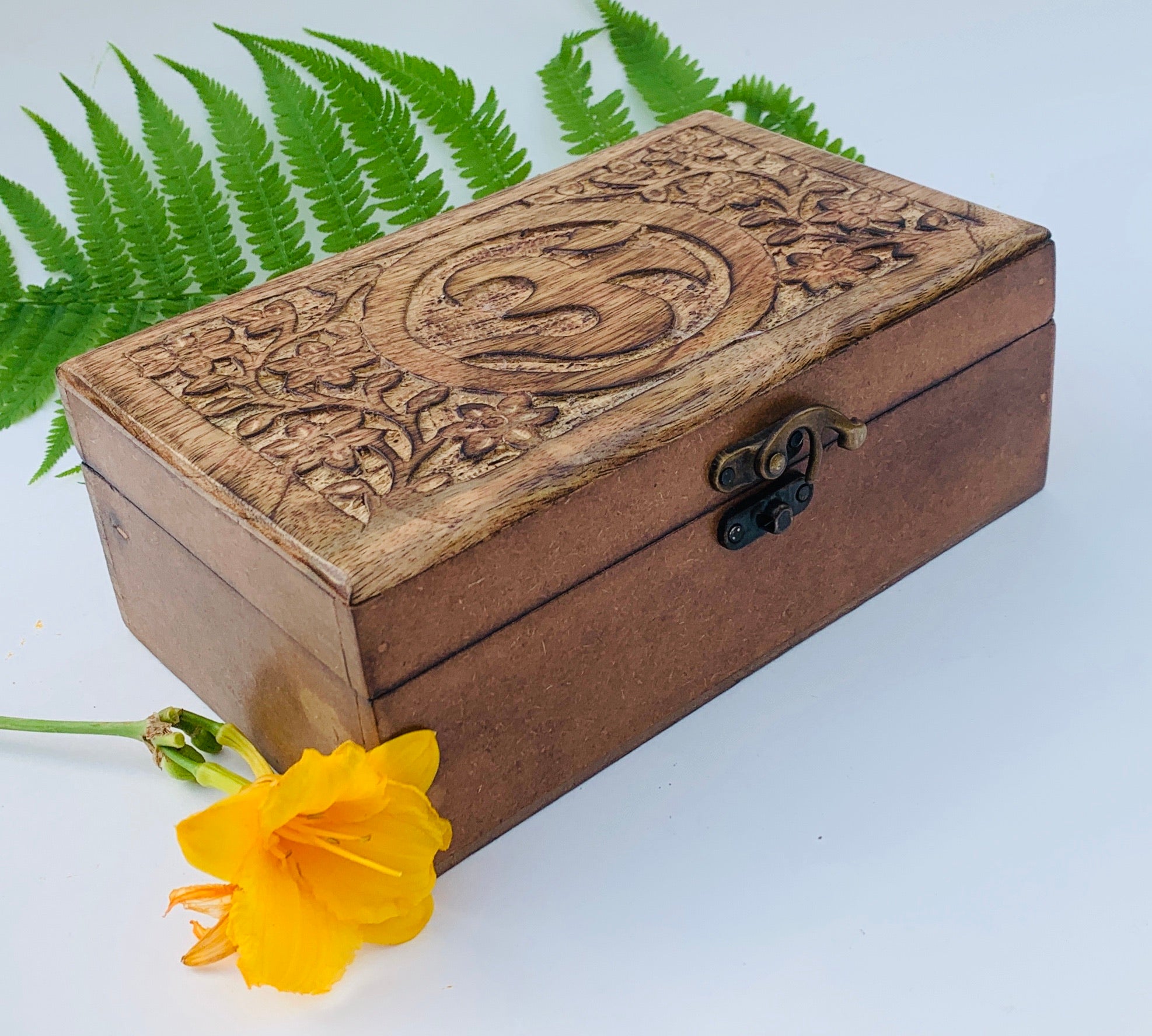 OM Hand Carved Jewelry Trinket Keepsake Wooden Storage Box With Lock - DharmaObjects
