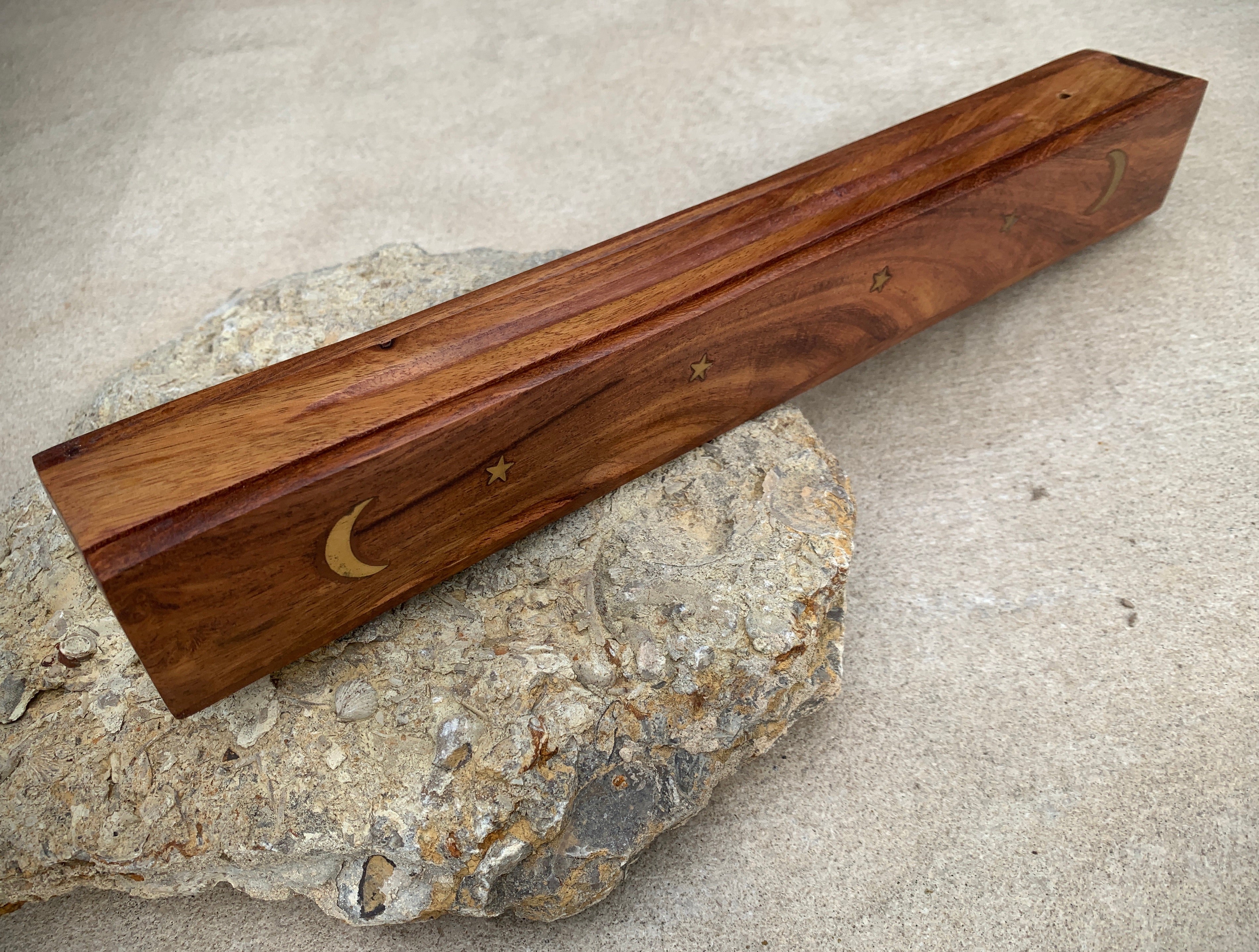Wooden Incense Burner Holder Brass Inlaid Celestial Designs With Storage 12” Long - DharmaObjects