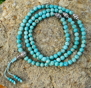 Tibetan Meditation Yoga Genuine Gemstone Mala / Rosary 108 Beads 6mm / Tibetan Silver Spacers / Free Pouch