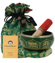 Medium ~ Tibetan 8 Lucky Symols Singing Bowl Set ~ With Mallet, Brocade Cushion & Carry Bag ~ For Meditation, Chakra Healing, Prayer, Yoga