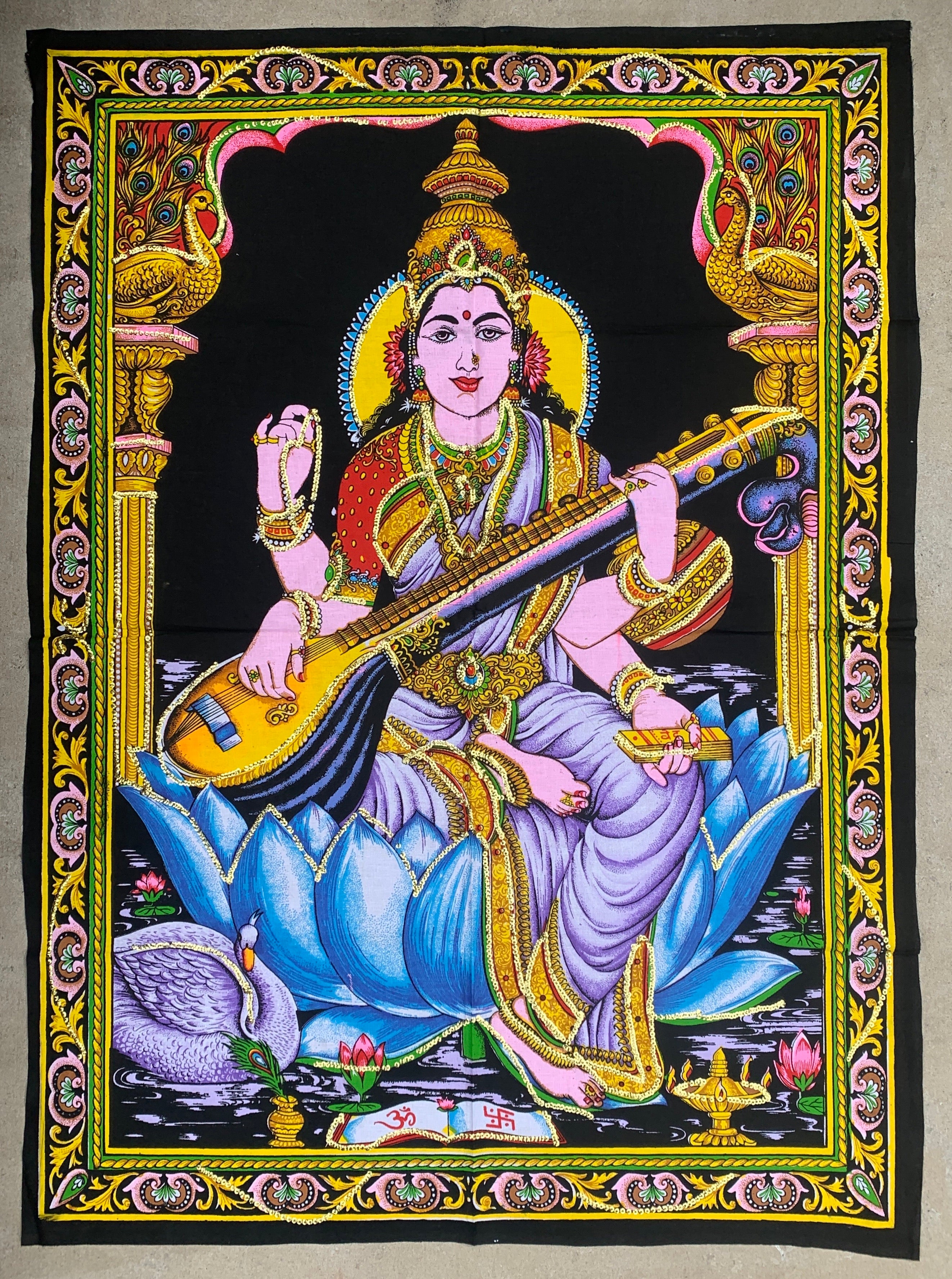 Goddess Saraswati  Tapestry Wall Decor Tapestry 30" X 43" - DharmaObjects