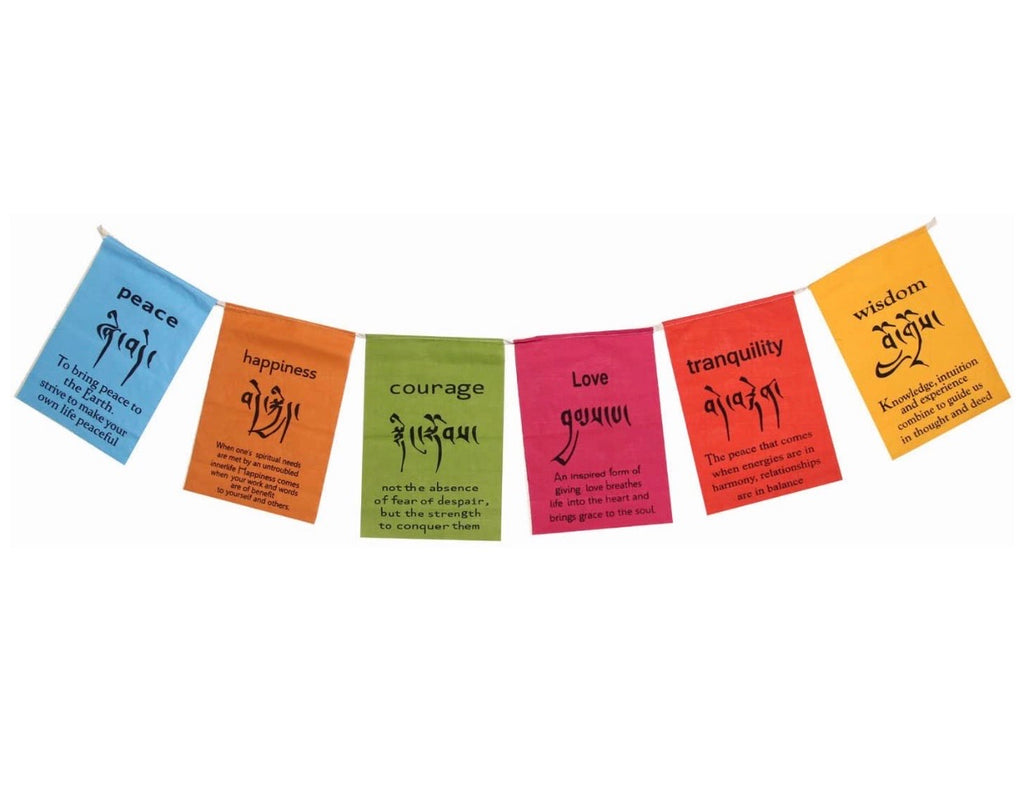 Handmade Tibetan Affirmation Prayer Flags - Peace, Happiness, Courage, Love, Tranquility, Wisdom - DharmaObjects