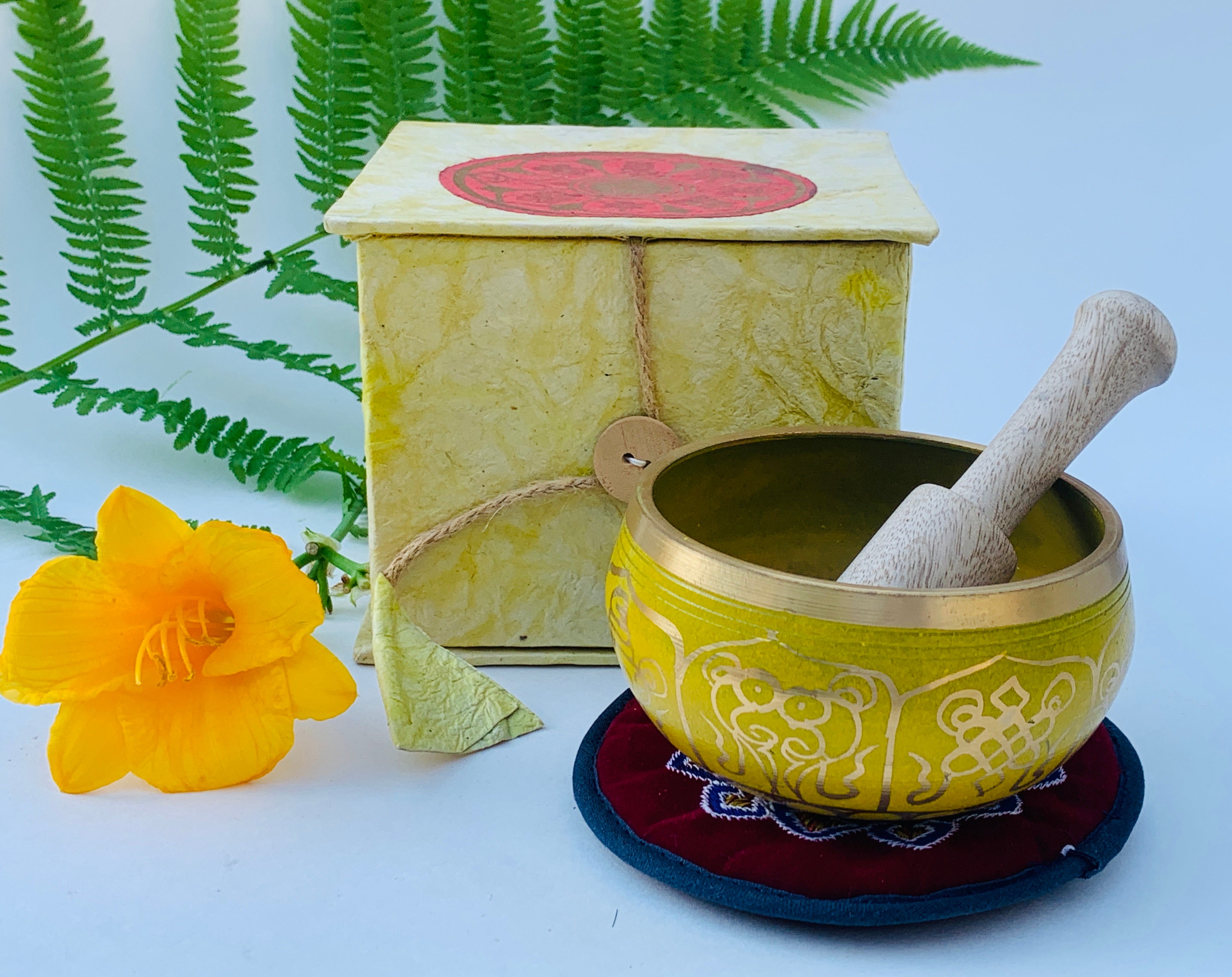Tibetan 8 Lucky Symbols Singing Bowl Complete Set ~ With Mallet, Mat Cushion & Gift Box ~ For Meditation, Chakra Healing, Prayer, Yoga - DharmaObjects