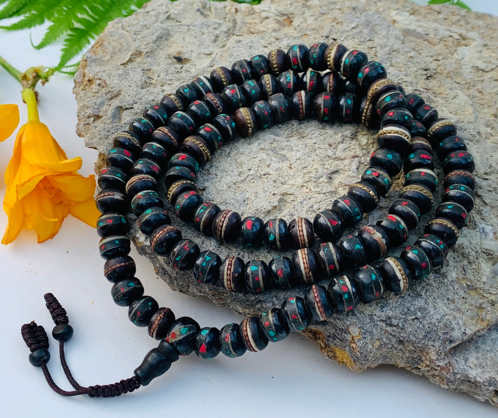 Natural Yak Bone With Coral Inlay 108 Beads Prayer Mala - DharmaObjects