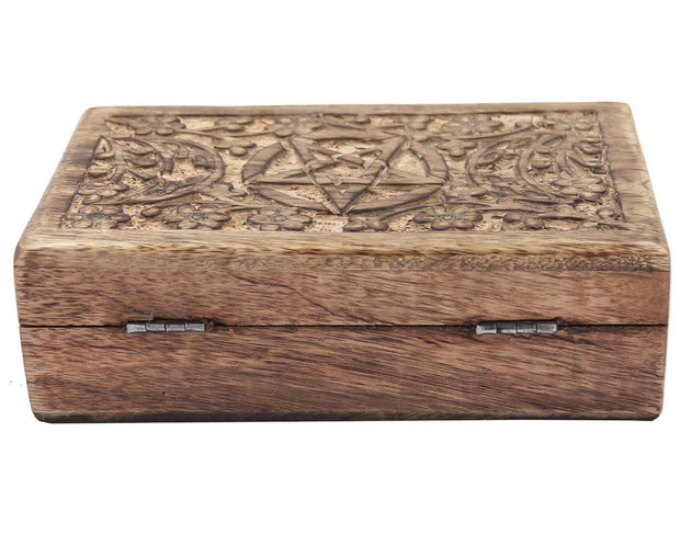 Hand Carved Jewelry Trinket Keepsake Wooden Storage Box Triple Moon