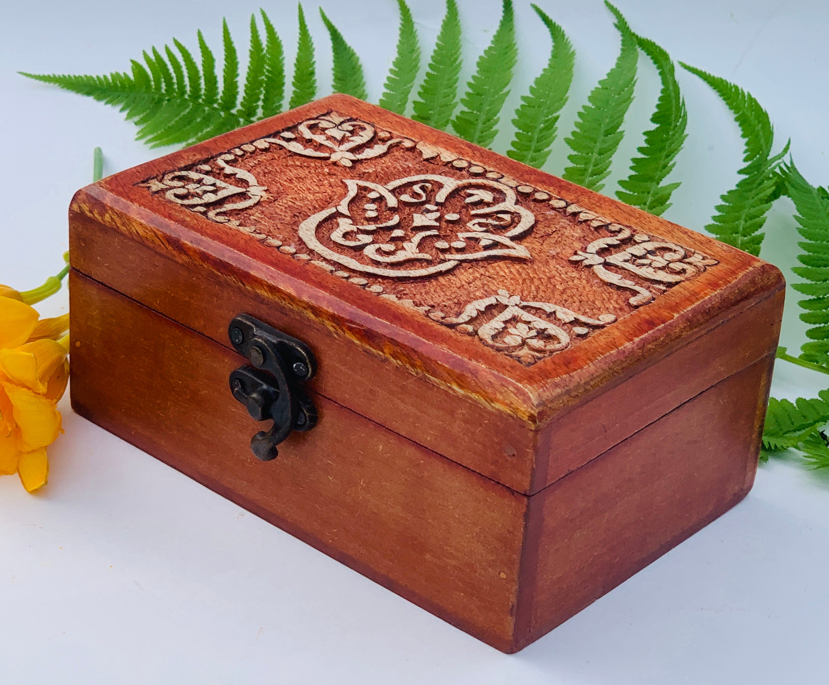 Fatima Hand Carved Jewelry Trinket Keepsake Wooden Storage Box - DharmaObjects