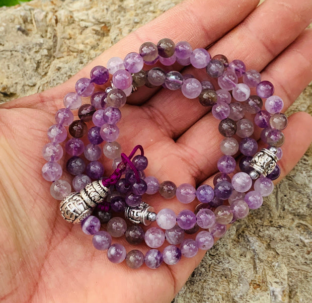 Tibetan Meditation Yoga Genuine Gemstone Mala / Rosary 108 Beads 6mm / Tibetan Silver Spacers / Free Pouch