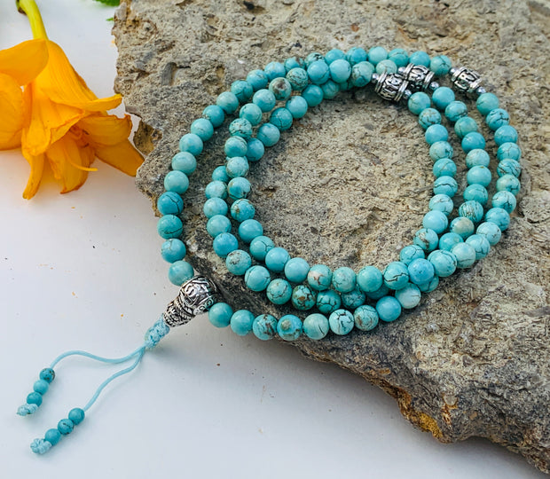 Tibetan Meditation Yoga Genuine Gemstone Mala / Rosary 108 Beads 6mm / Tibetan Silver Spacers / Free Pouch