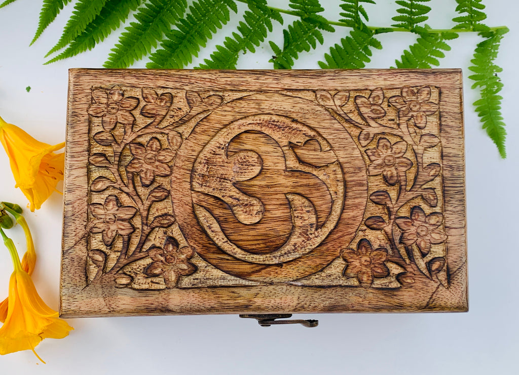 OM Hand Carved Jewelry Trinket Keepsake Wooden Storage Box With Lock - DharmaObjects