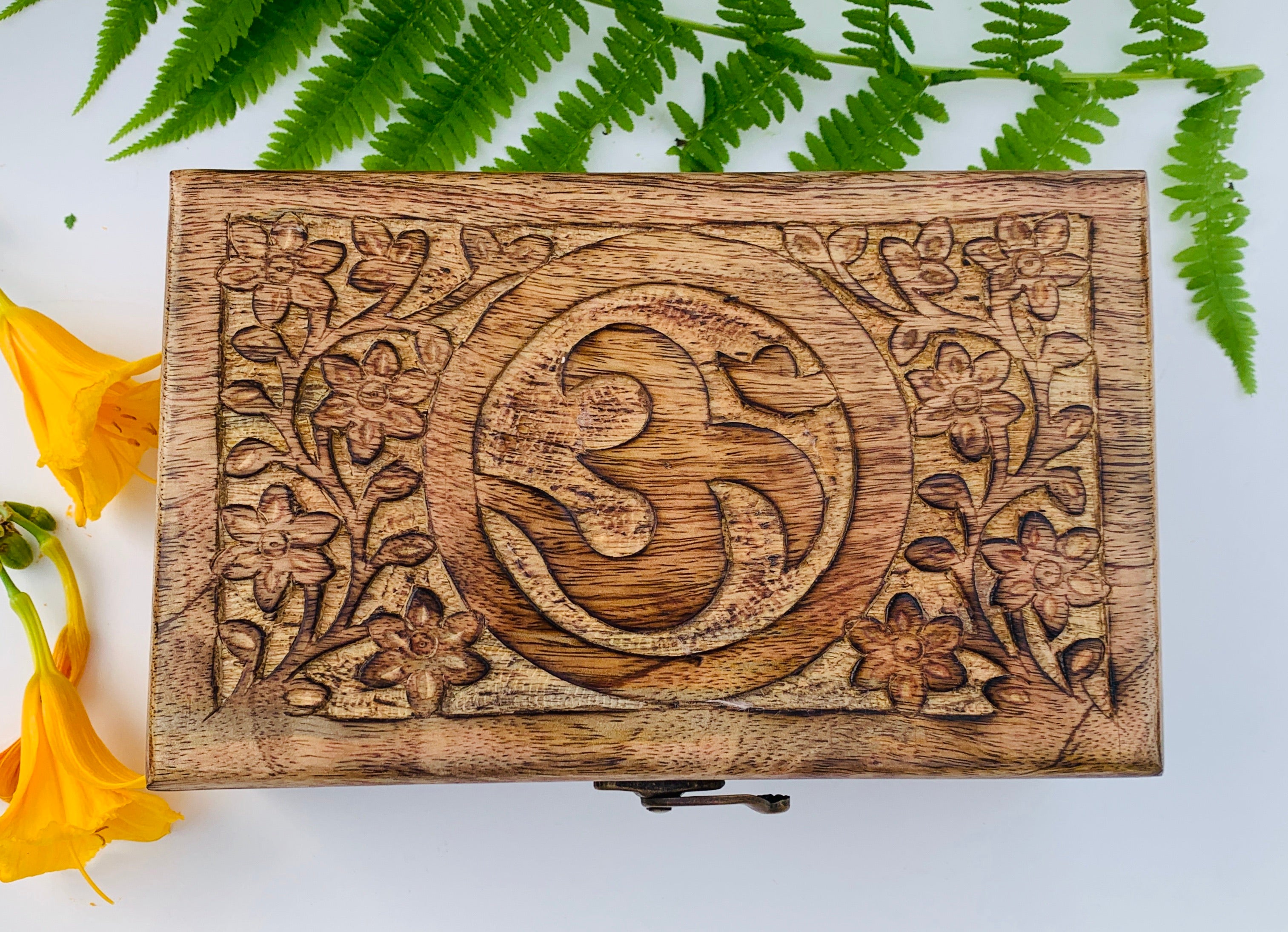 OM Hand Carved Jewelry Trinket Keepsake Wooden Storage Box With Lock - DharmaObjects