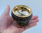 Decorated Brass Charcoal Screen Incense Burner with Wooden Coaster 3 Pcs Set 2” Tall - DharmaObjects