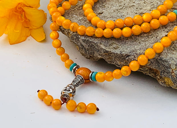 Tibetan Buddhist Mala / Rosary 108 Glass Beads/ Tibetan Silver Spacers / Free Mala Pouch