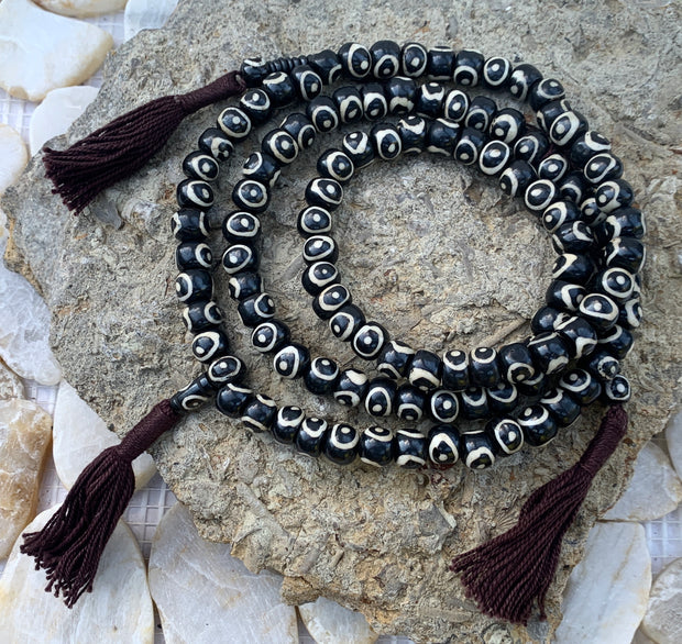 Black Onyx Buddhist Mala Beads Necklace with Black Tassels - One